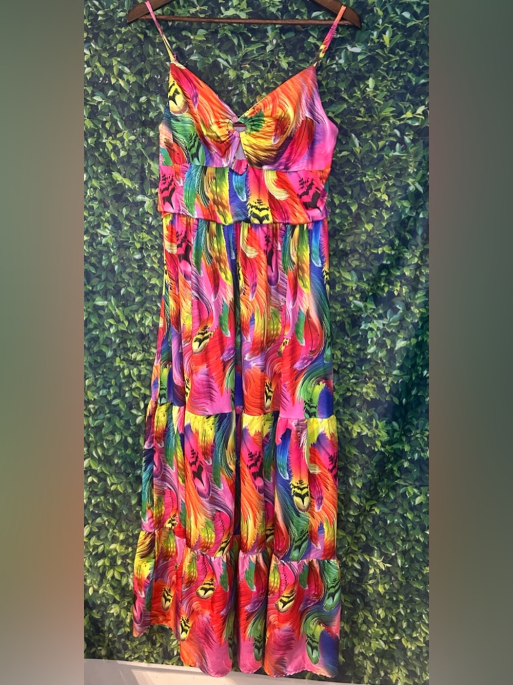 Vibrant Multicolor Feather-Print Maxi Dress